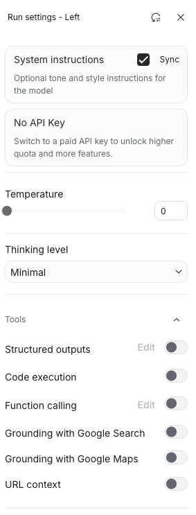 Run settings panel showing system instructions, temperature, thinking level, and tools